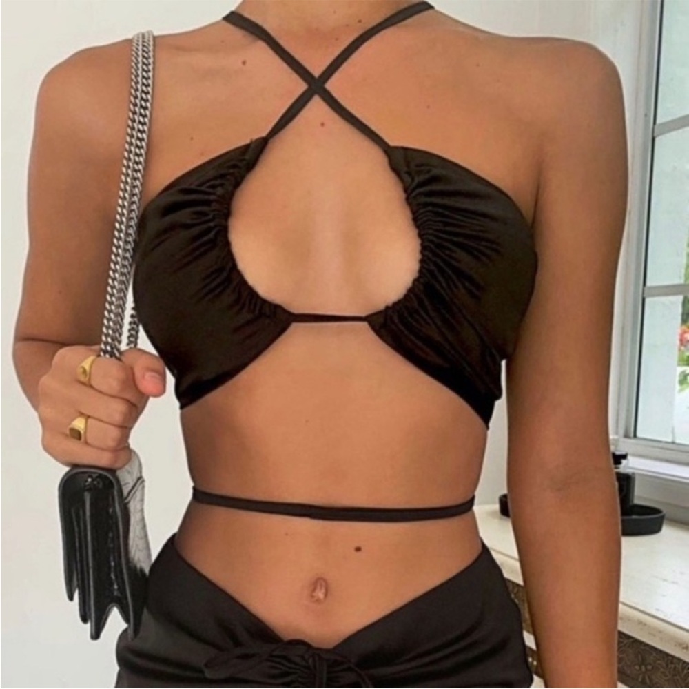 Tiger Mist M Athina Crop Black Strappy Cutout Top Halter Criss Cross Satin Silk